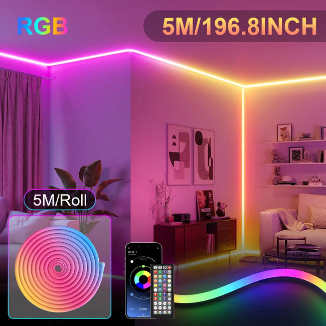 RGB LED neon trak 5–30 m z aplikacijo in daljincem – IP65, glasbena sinhronizacija, časovnik