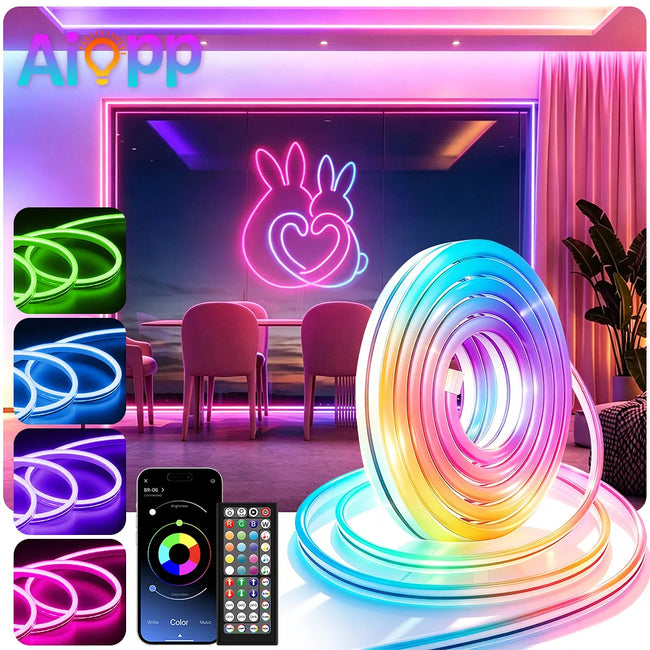 RGB LED neon trak 5–30 m z aplikacijo in daljincem – IP65, glasbena sinhronizacija, časovnik