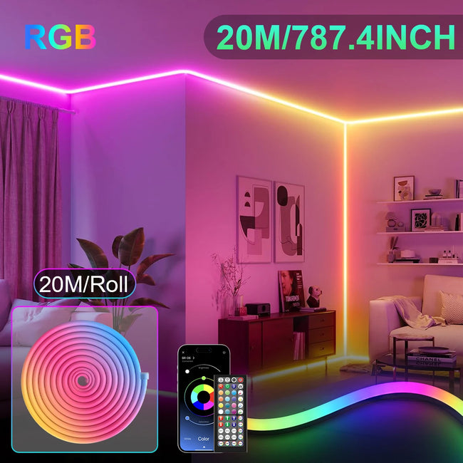 RGB LED neon trak 5–30 m z aplikacijo in daljincem – IP65, glasbena sinhronizacija, časovnik