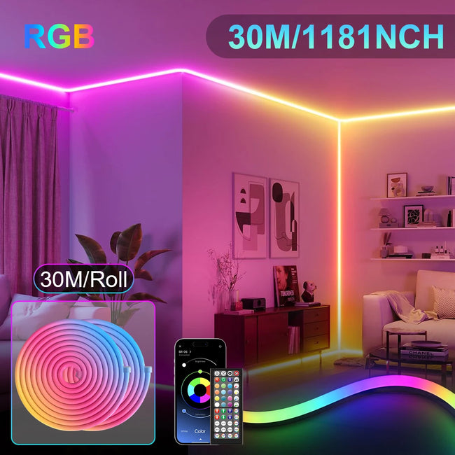 RGB LED neon trak 5–30 m z aplikacijo in daljincem – IP65, glasbena sinhronizacija, časovnik