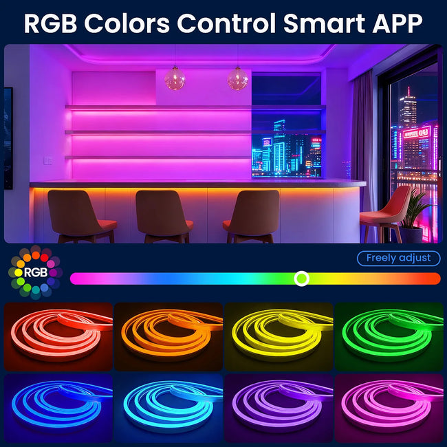 RGB LED neon trak 5–30 m z aplikacijo in daljincem – IP65, glasbena sinhronizacija, časovnik