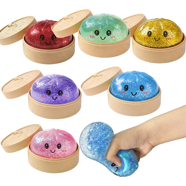 HOT Realistic Giant Dumpling Squeeze Toy with Bamboo Steamer Soft TPR Dough Ball Decompression Fidget Toy Creative Funny Gift