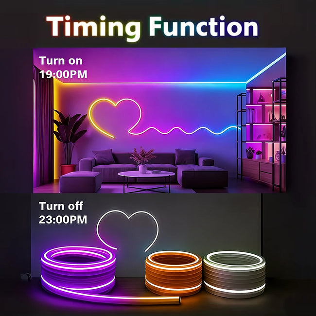 RGB LED neon trak 5–30 m z aplikacijo in daljincem – IP65, glasbena sinhronizacija, časovnik