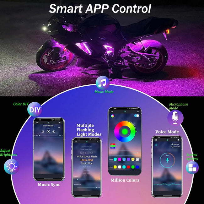 RGB LED podsvetlitev za motor z aplikacijo in daljincem 12 V – fotografija izdelka