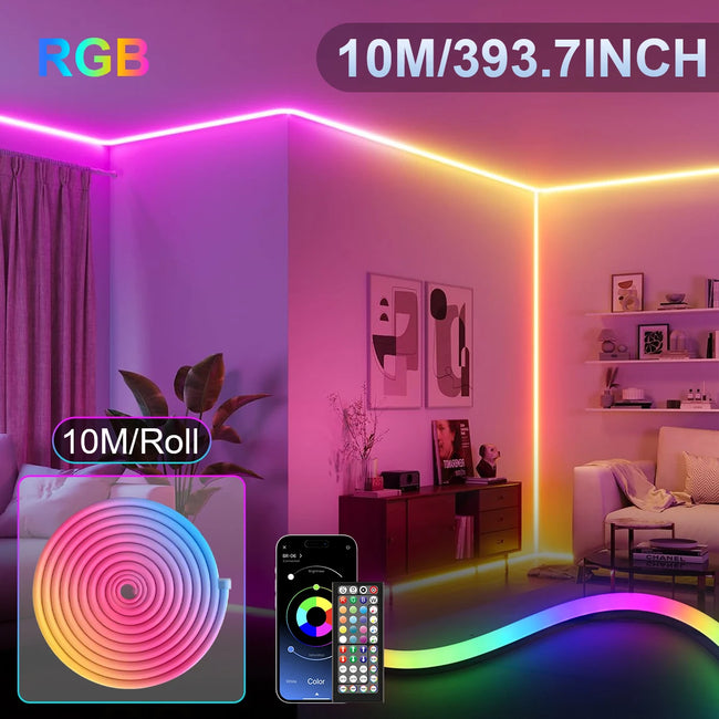 RGB LED neon trak 5–30 m z aplikacijo in daljincem – IP65, glasbena sinhronizacija, časovnik